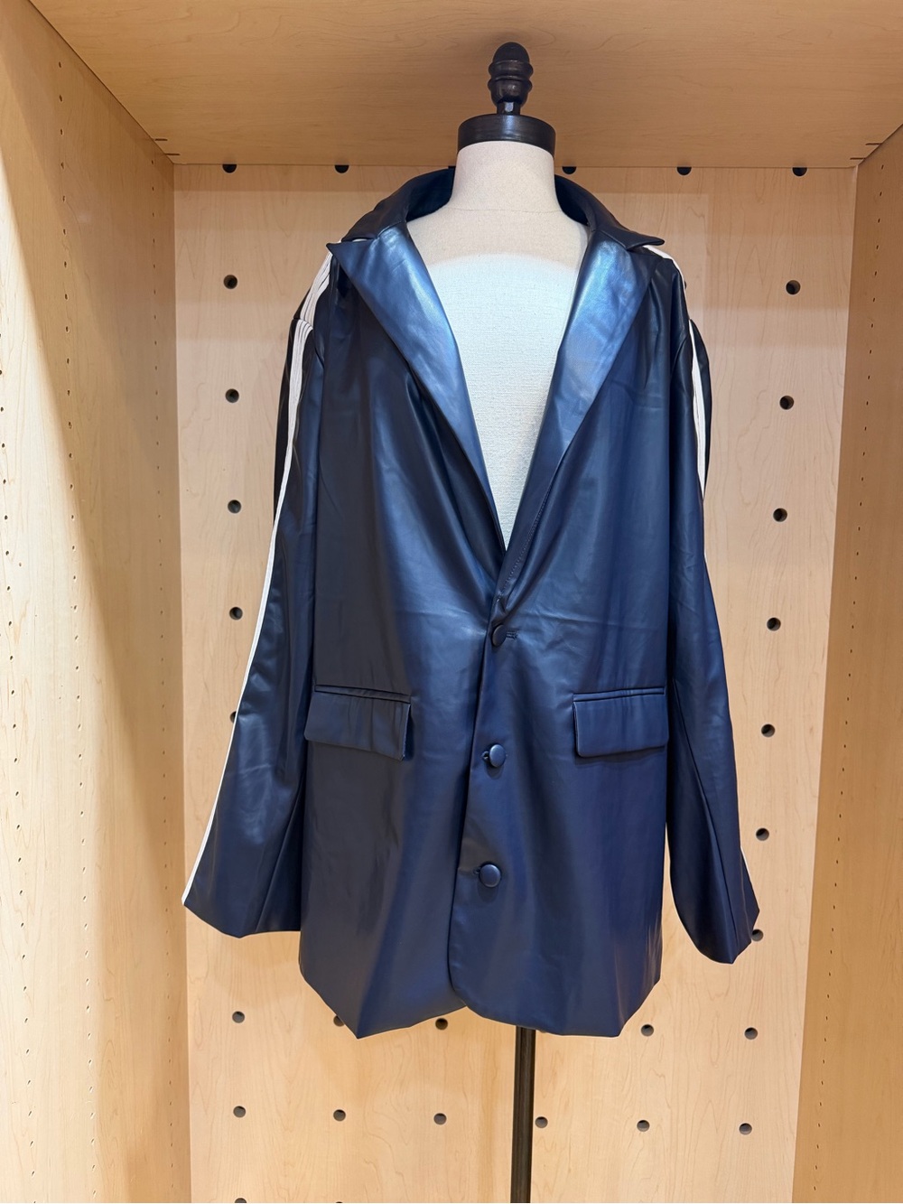Navy Lightweight Faux-Leather
Jacket with White Stripes